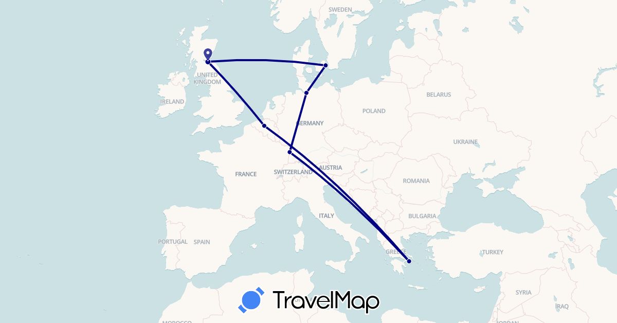 TravelMap itinerary: driving in Belgium, Germany, Denmark, France, United Kingdom, Greece (Europe)